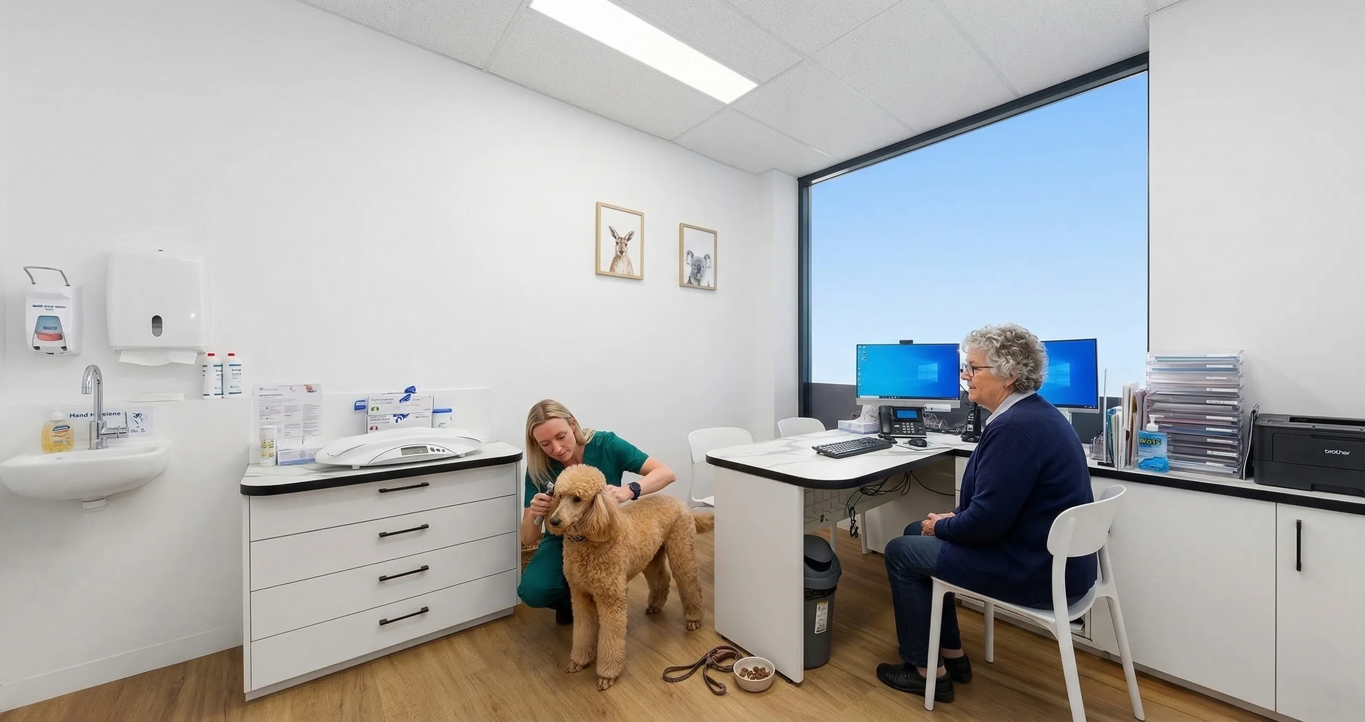 Veterinarian in consultation examining a Standard Poodle